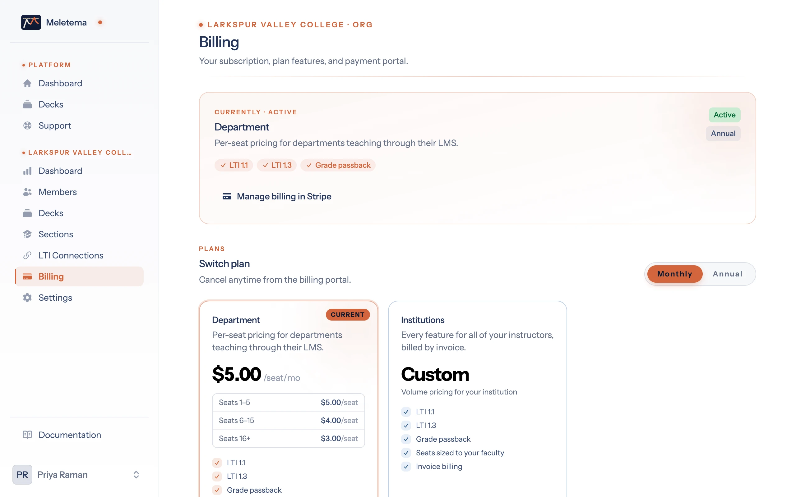 The Billing page showing the current plan, its features, and the plans to switch to