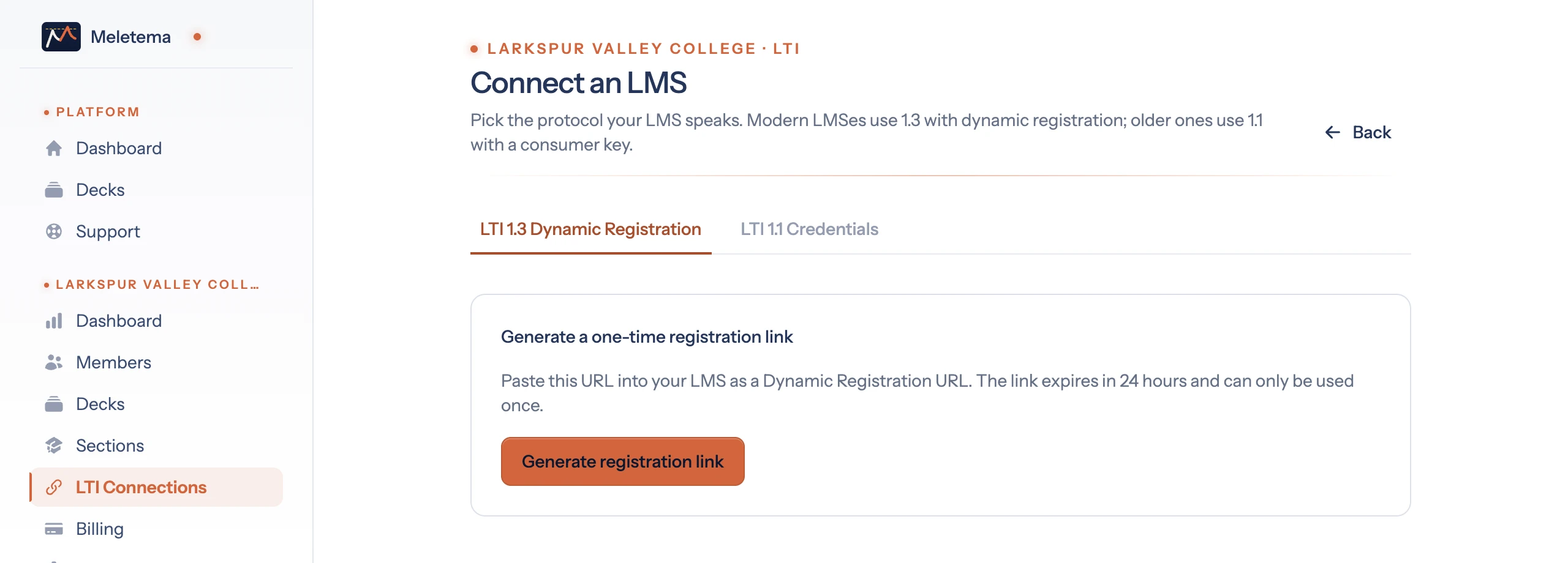 The Connect an LMS page with the LTI 1.3 Dynamic Registration tab open
