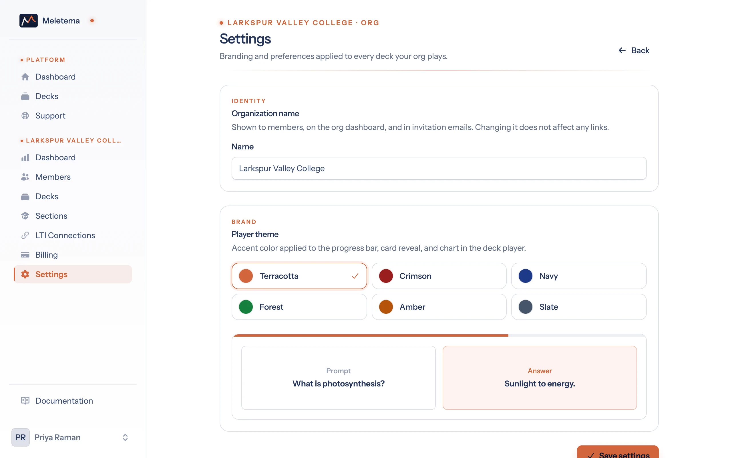 Organization settings with the Player theme picker and a preview