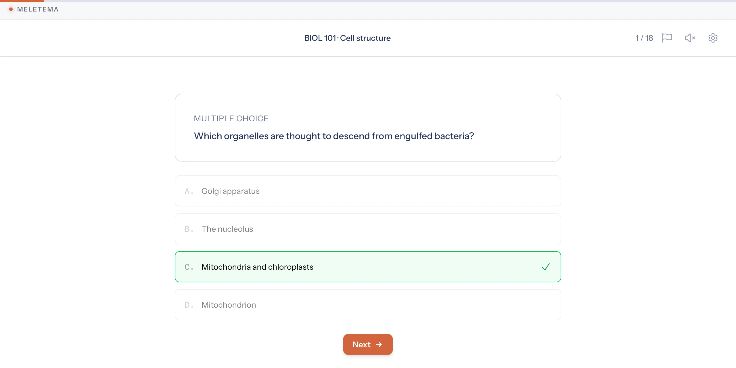 A checkpoint after a correct answer, with the Next button