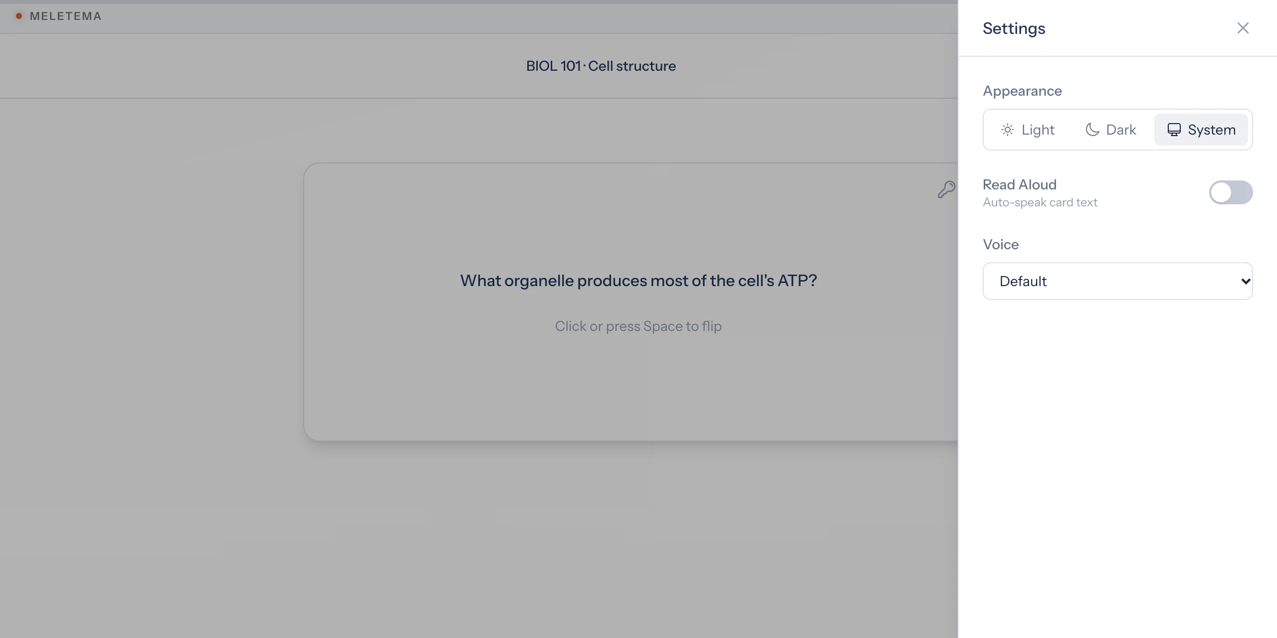 The player's Settings panel with Appearance, Read Aloud, and Voice
